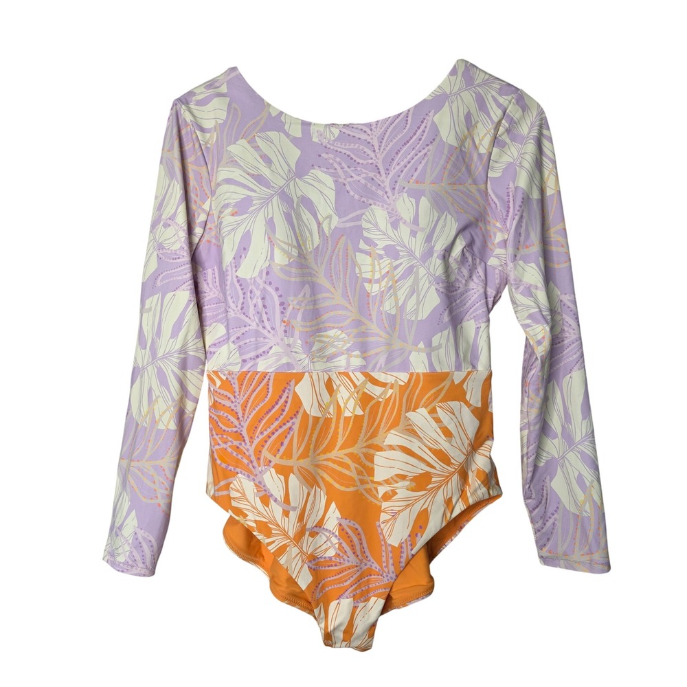 CALIA Swimsuit Women 10 Purple Orange Tropical Long Sleeve V-Back One Piece 2930